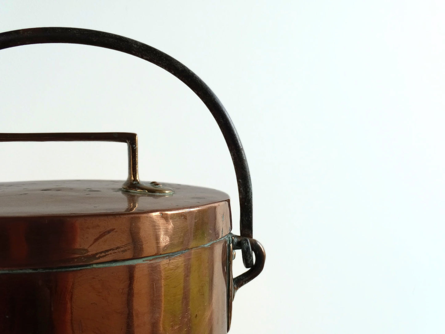 French antique copper cooking pot or Antique Copper Cauldron with Wrought Iron Handle and lid