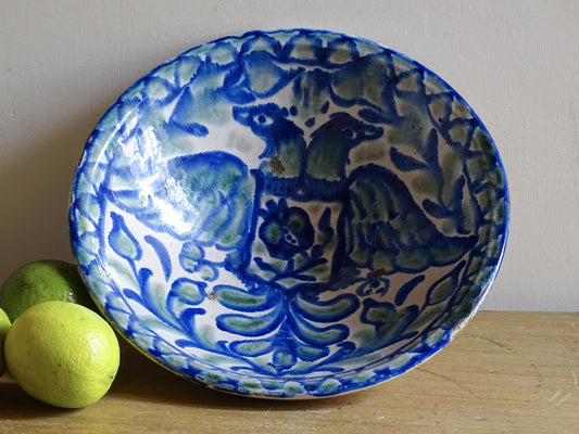 Antique Spanish Fajalauza Bowl in Green and Blue with Hand-Painted Birds, Spanish Terracotta Lebrillo