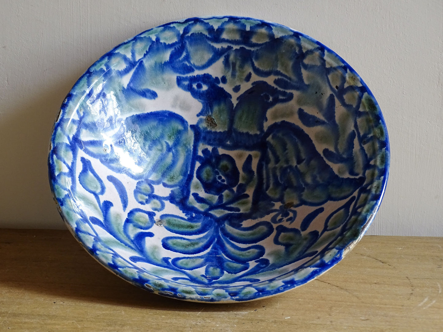Antique Spanish Fajalauza Bowl in Green and Blue with Hand-Painted Birds, Spanish Terracotta Lebrillo