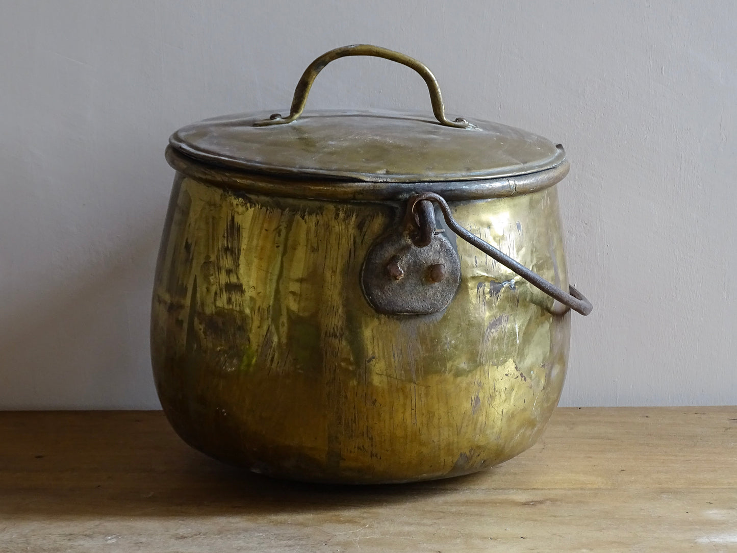 French antique brass cooking pot or brass cauldron with lid and wrought iron handle