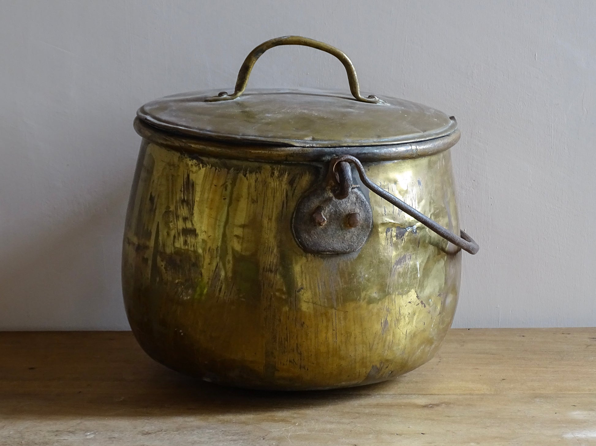 French antique brass cooking pot or brass cauldron with lid and wrought iron handle