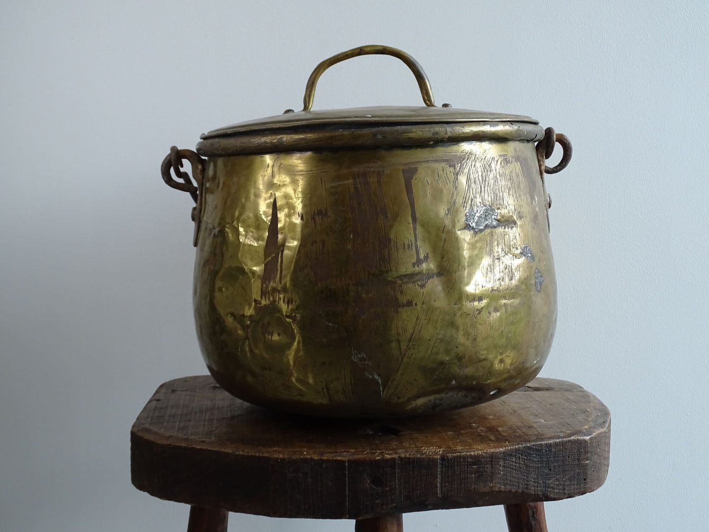 French antique brass cooking pot or brass cauldron with lid and wrought iron handle