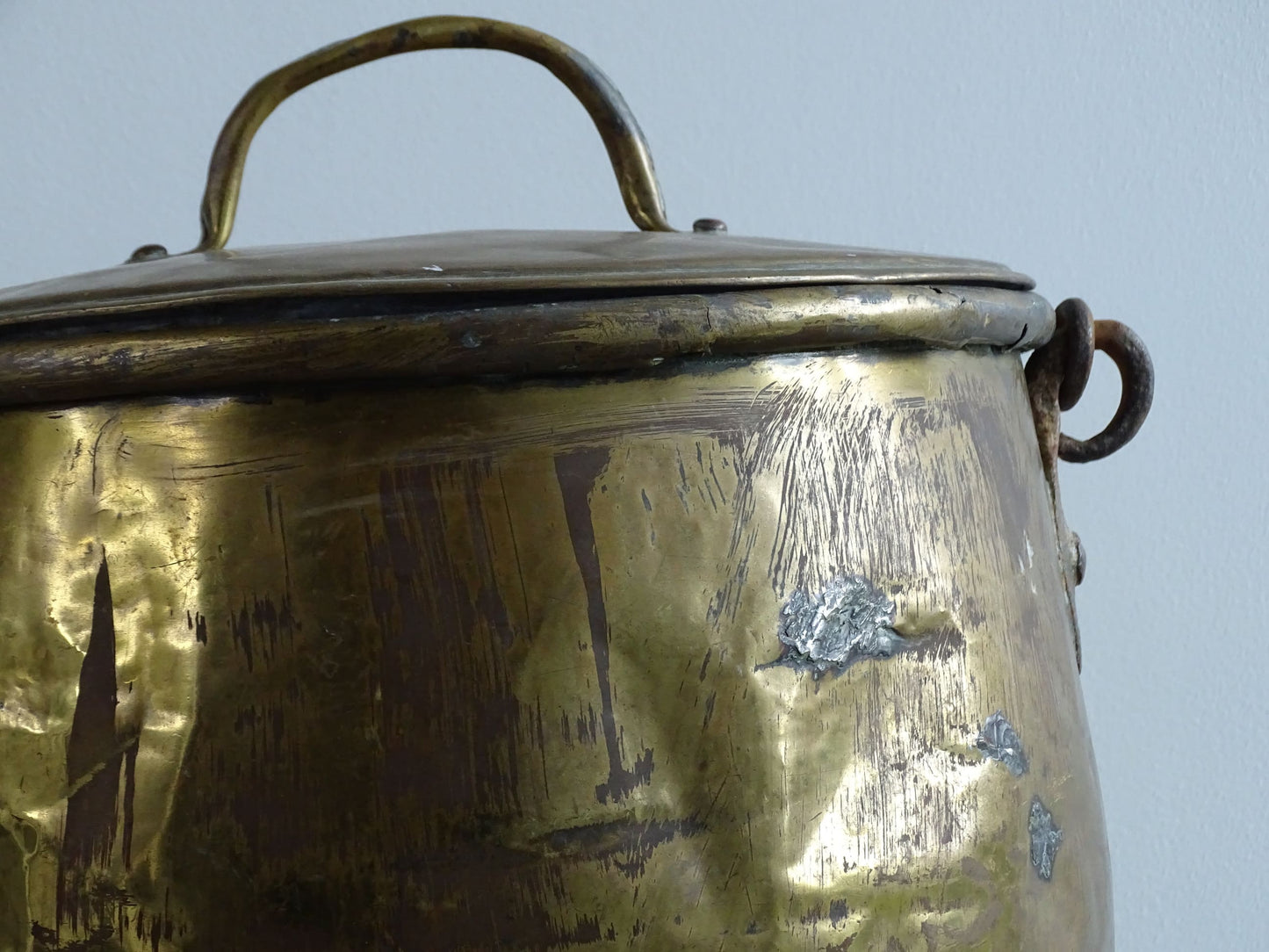 French antique brass cooking pot or brass cauldron with lid and wrought iron handle