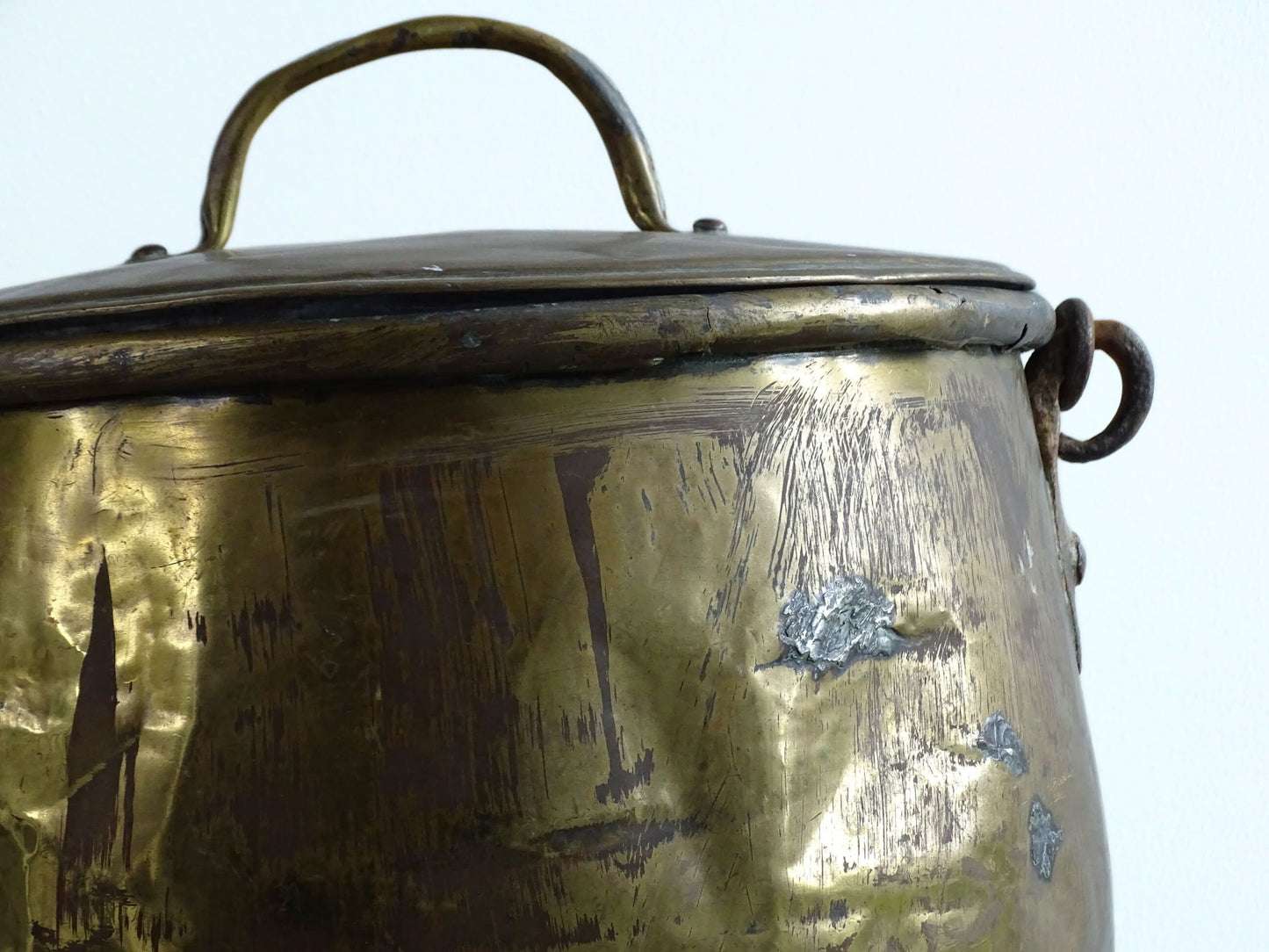 French antique brass cooking pot or brass cauldron with lid and wrought iron handle