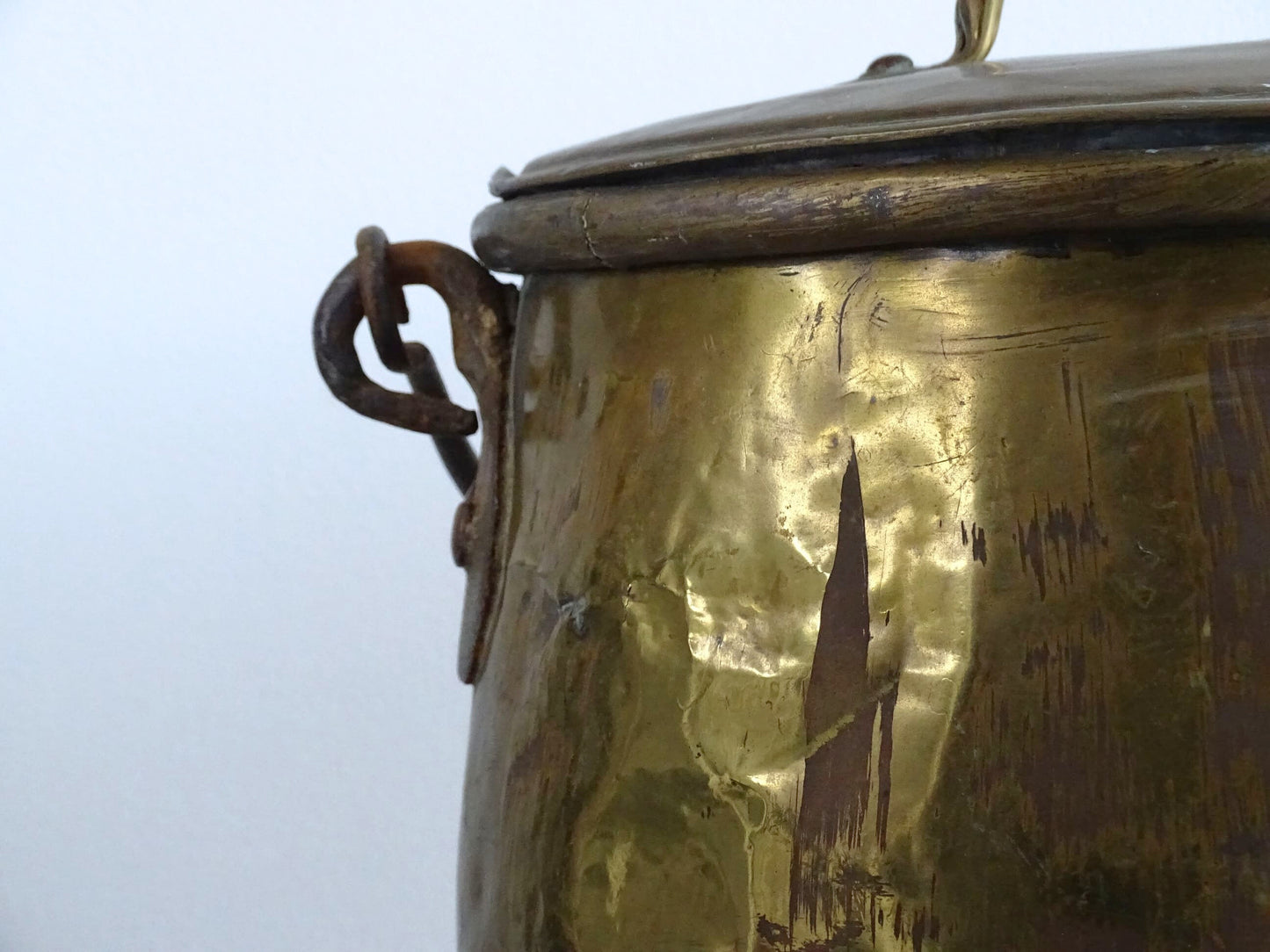 French antique brass cooking pot or brass cauldron with lid and wrought iron handle