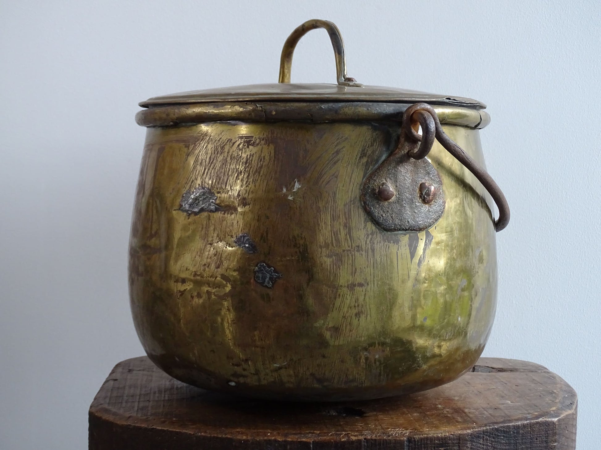 French antique brass cooking pot or brass cauldron with lid and wrought iron handle