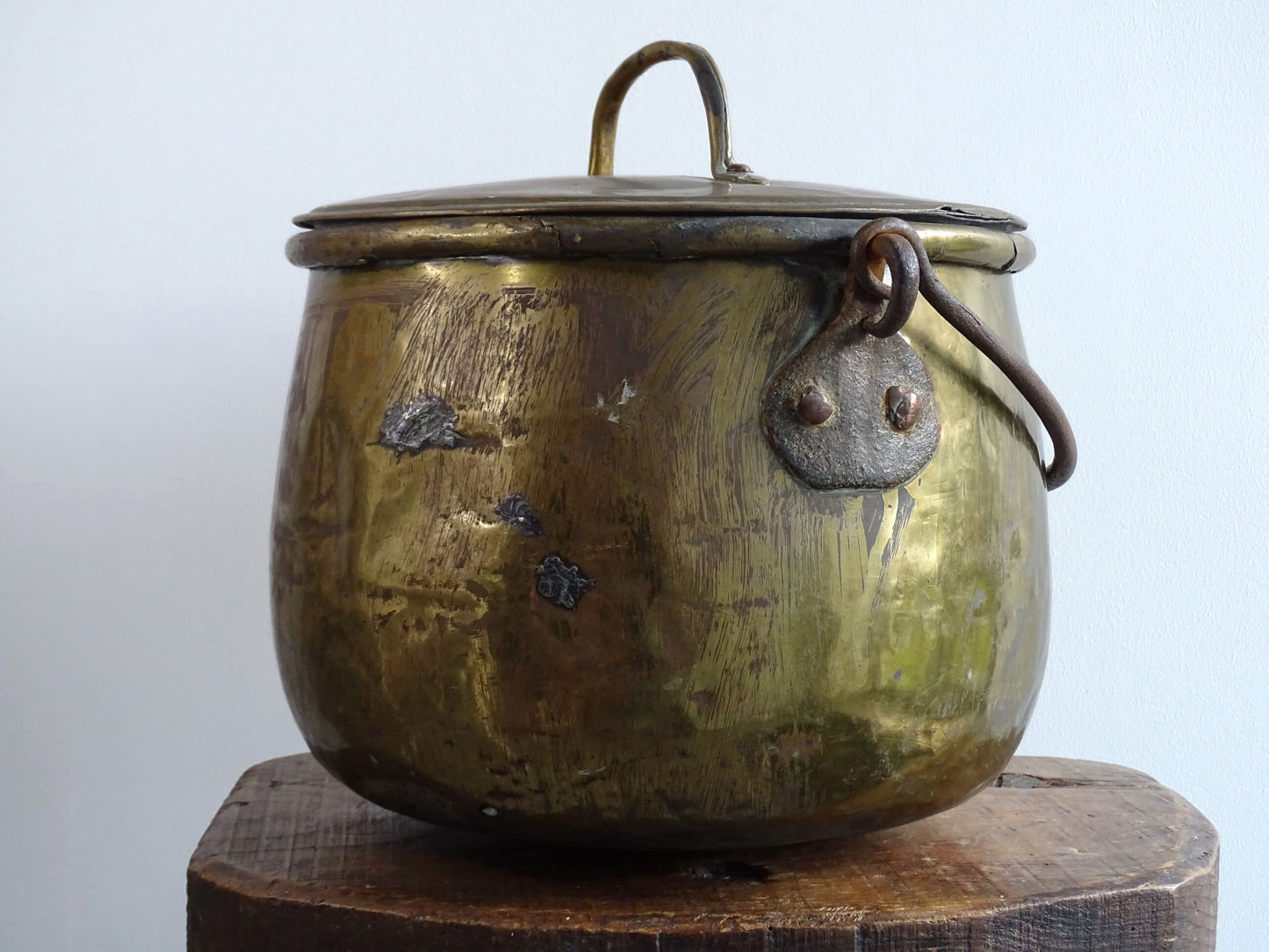 French antique brass cooking pot or brass cauldron with lid and wrought iron handle