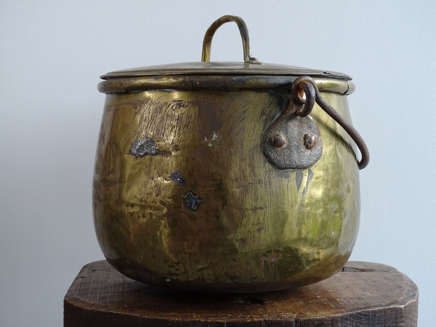 French antique brass cooking pot or brass cauldron with lid and wrought iron handle