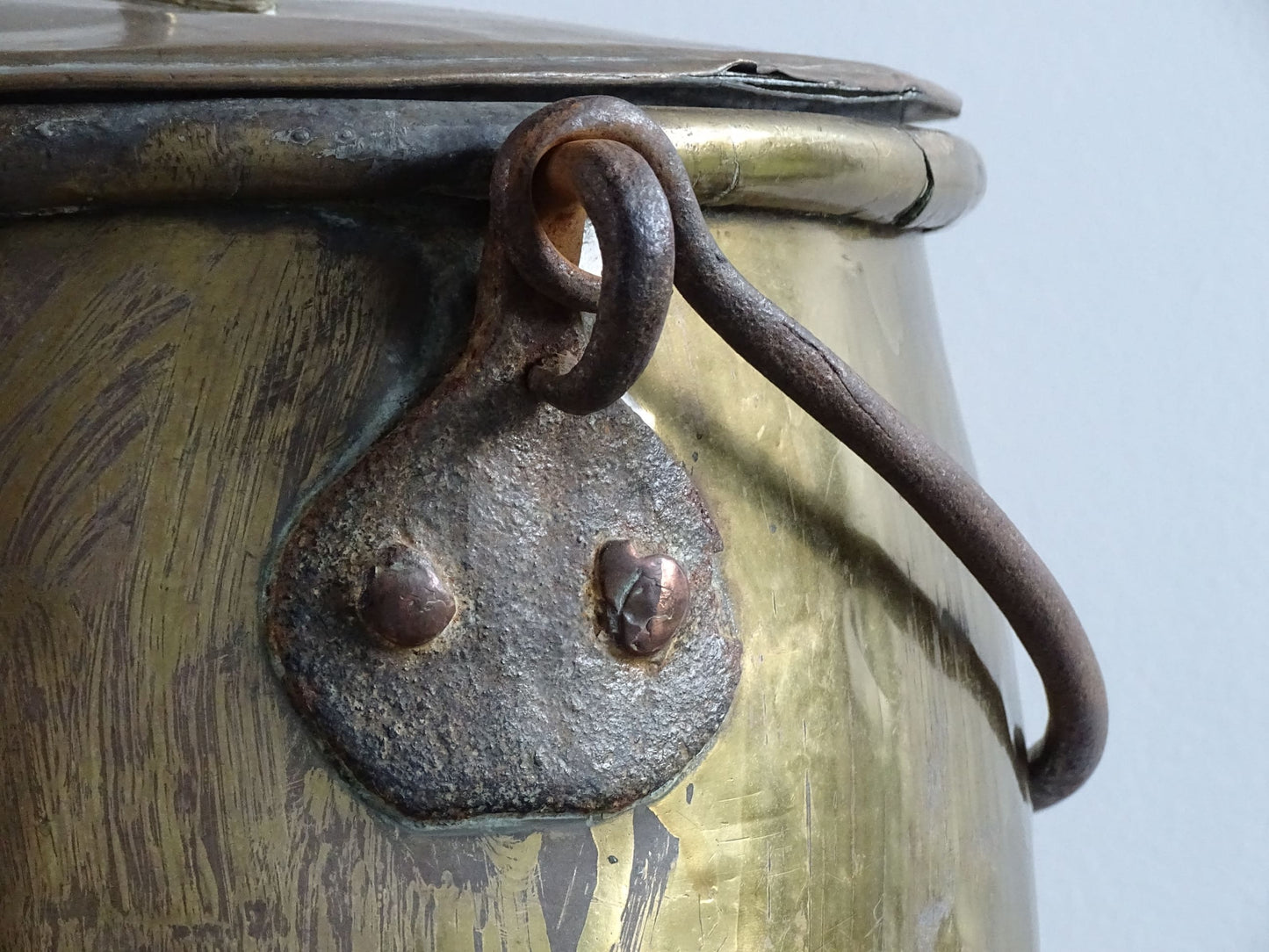 French antique brass cooking pot or brass cauldron with lid and wrought iron handle