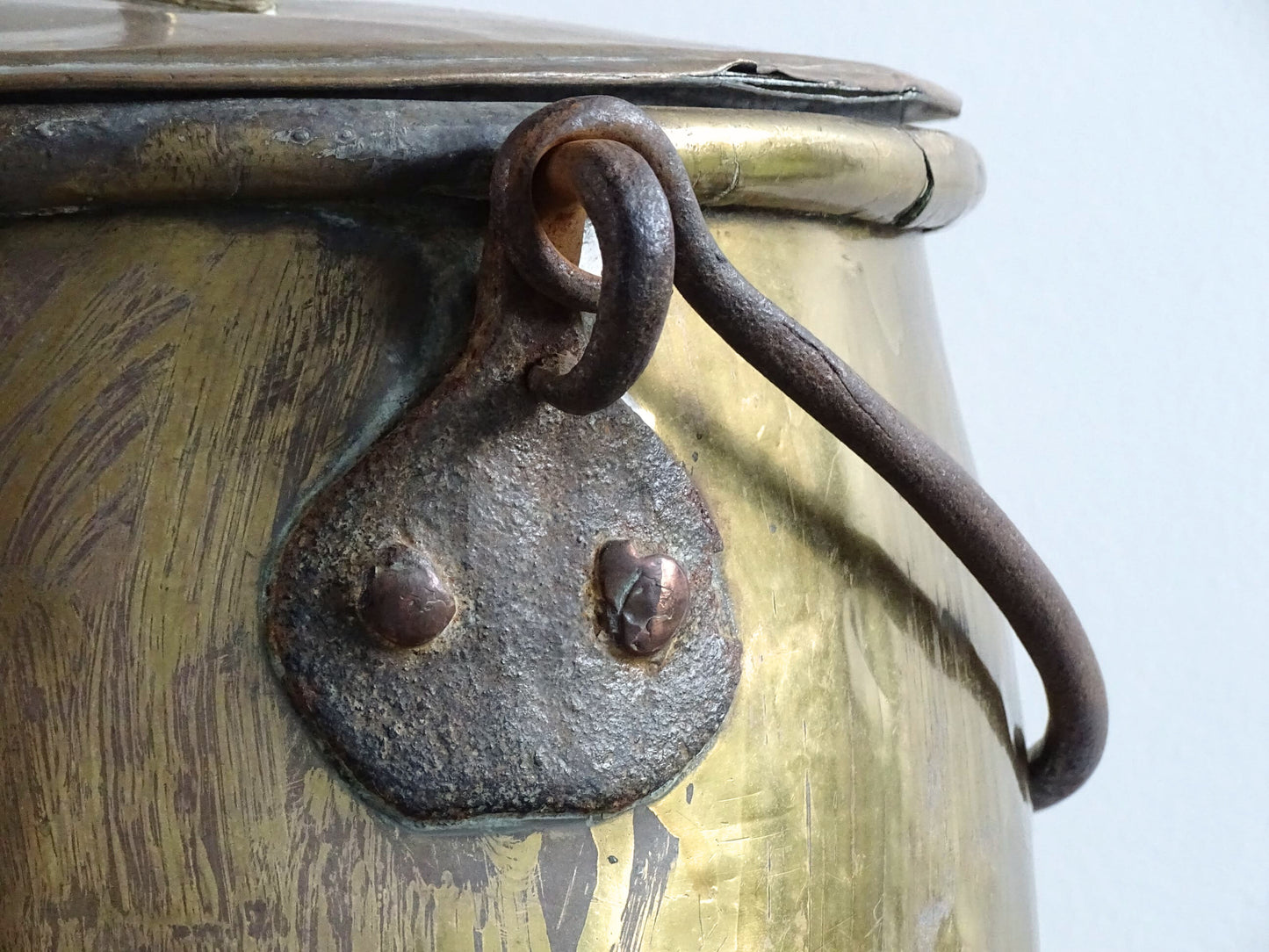 French antique brass cooking pot or brass cauldron with lid and wrought iron handle