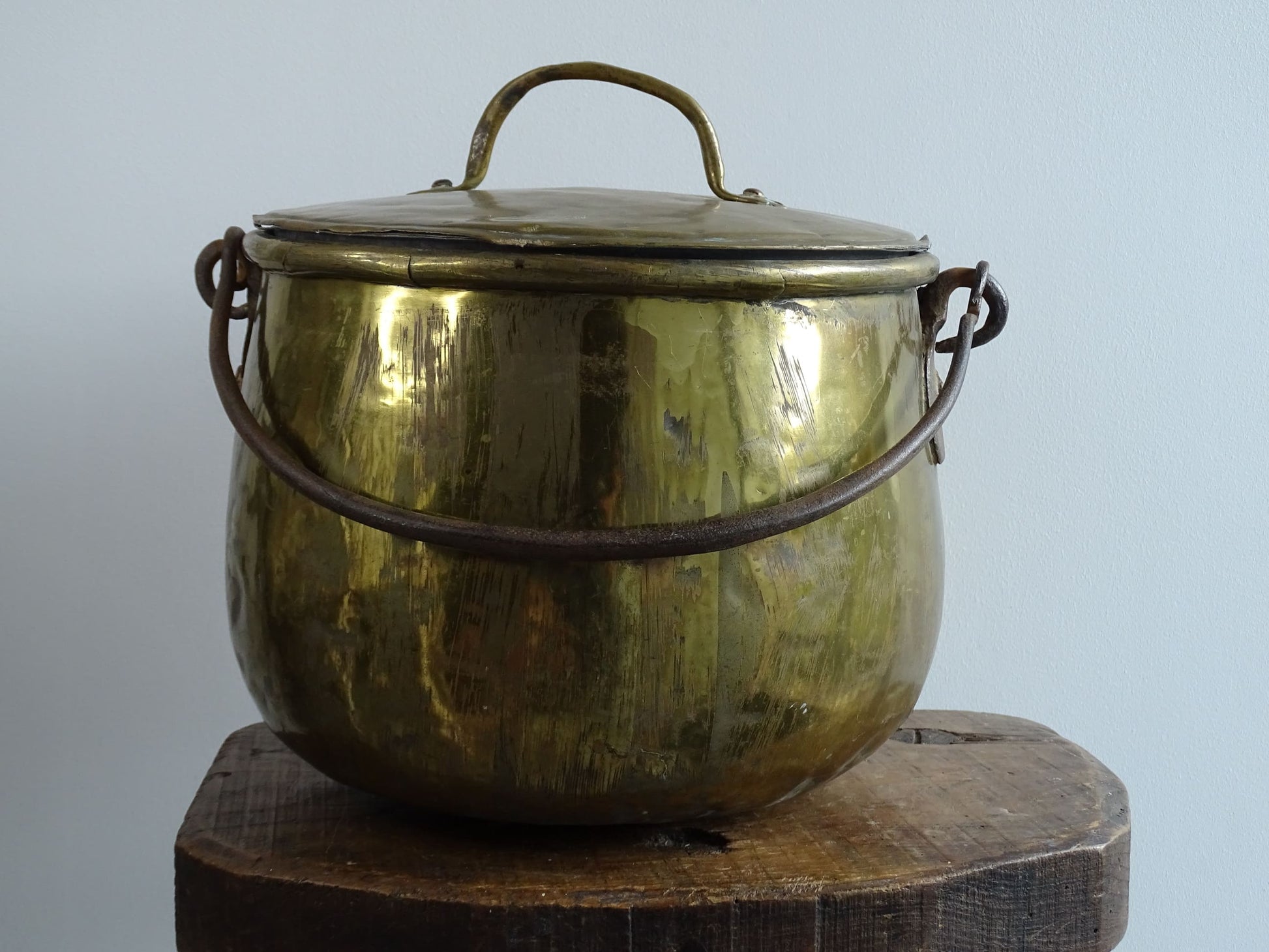 French antique brass cooking pot or brass cauldron with lid and wrought iron handle