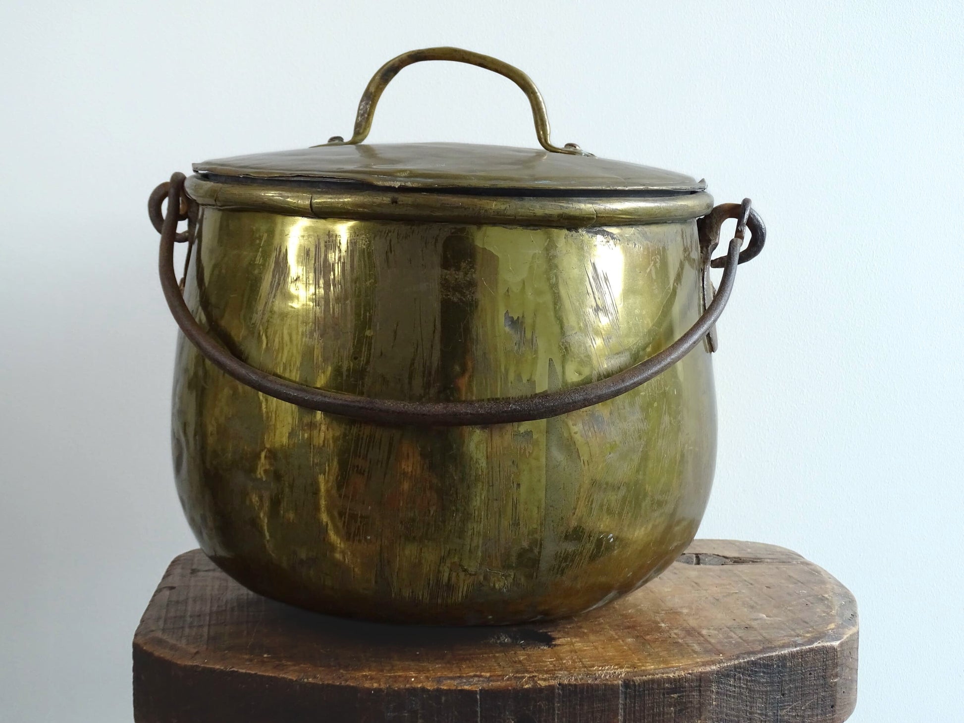 French antique brass cooking pot or brass cauldron with lid and wrought iron handle