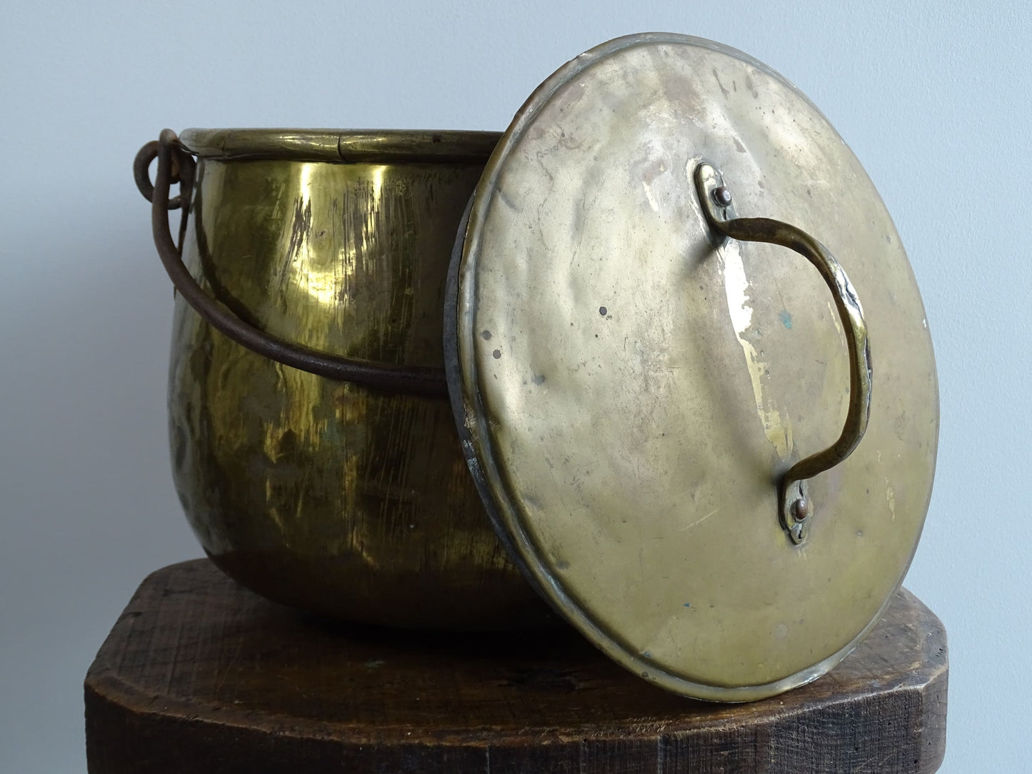 French antique brass cooking pot or brass cauldron with lid and wrought iron handle