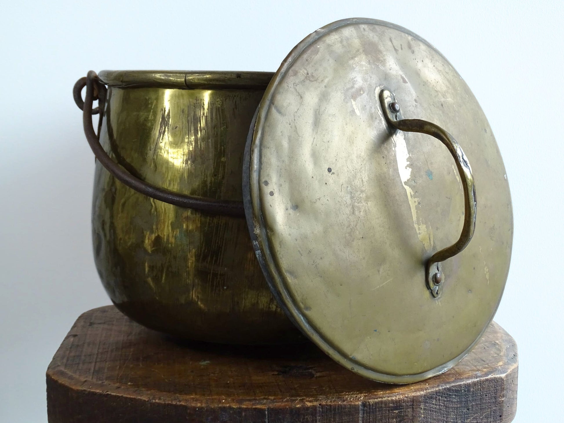 French antique brass cooking pot or brass cauldron with lid and wrought iron handle