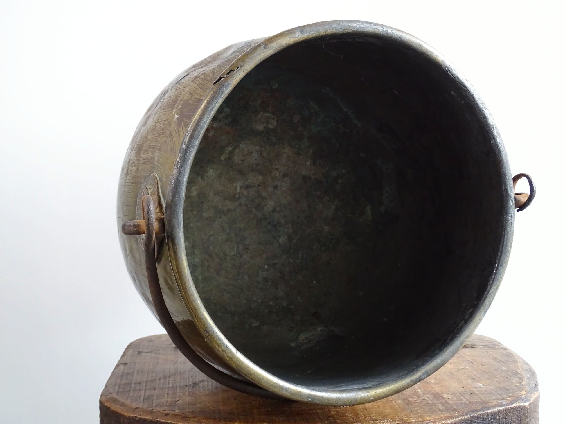 French antique brass cooking pot or brass cauldron with lid and wrought iron handle