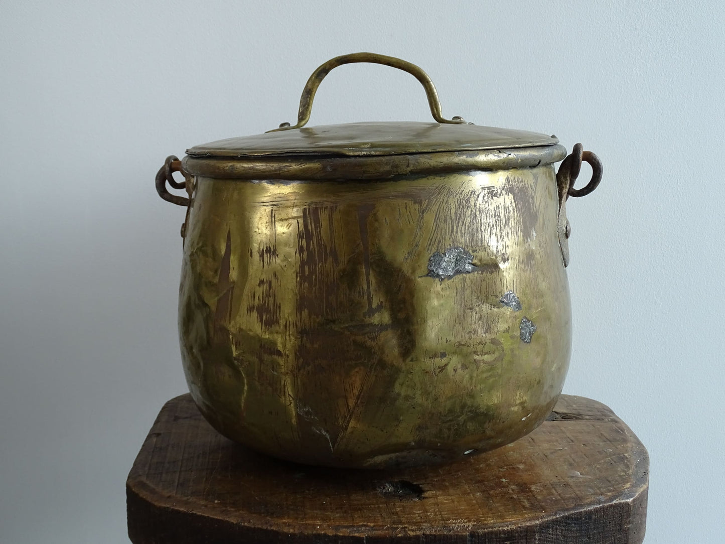 French antique brass cooking pot or brass cauldron with lid and wrought iron handle