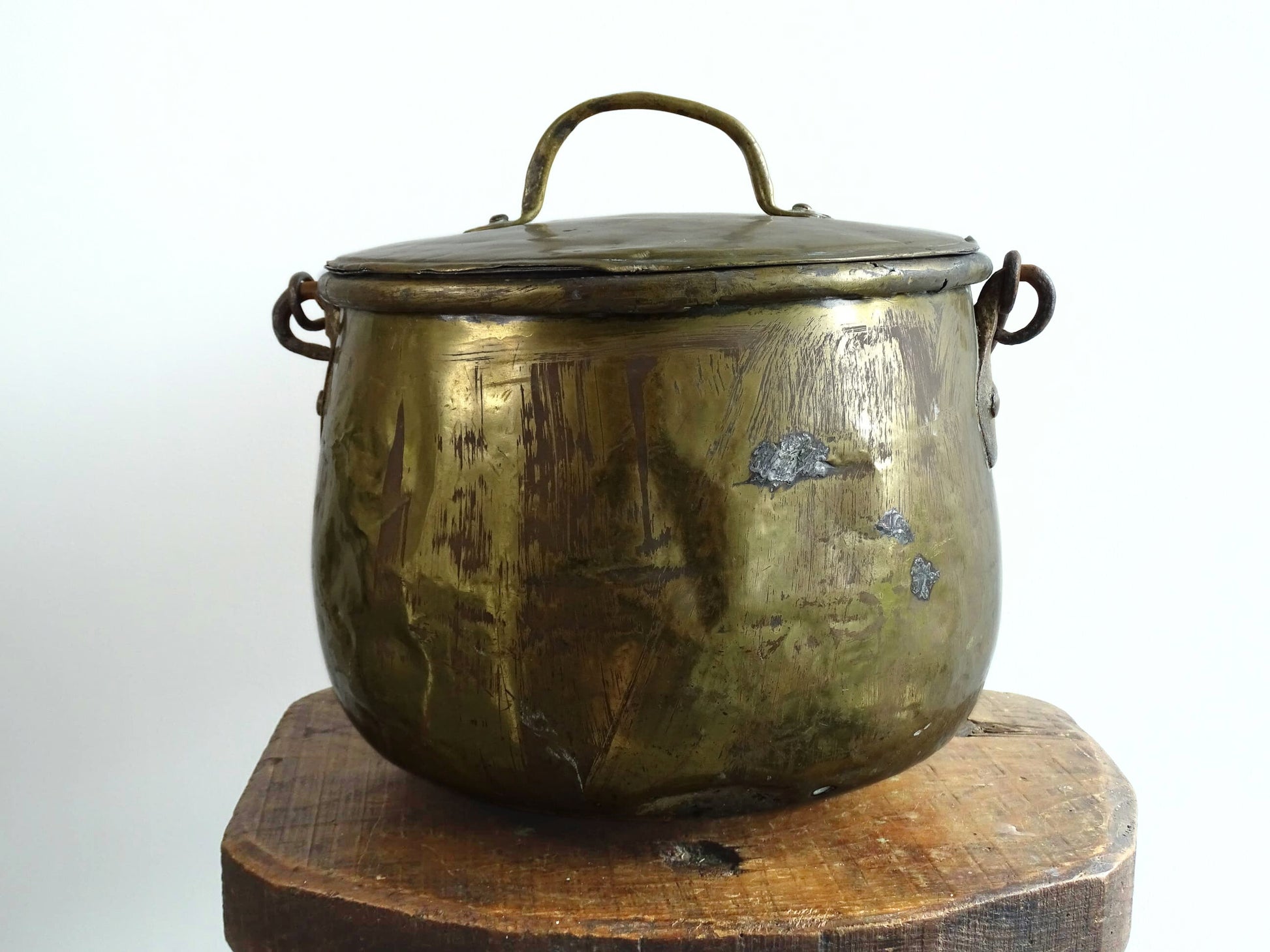 French antique brass cooking pot or brass cauldron with lid and wrought iron handle