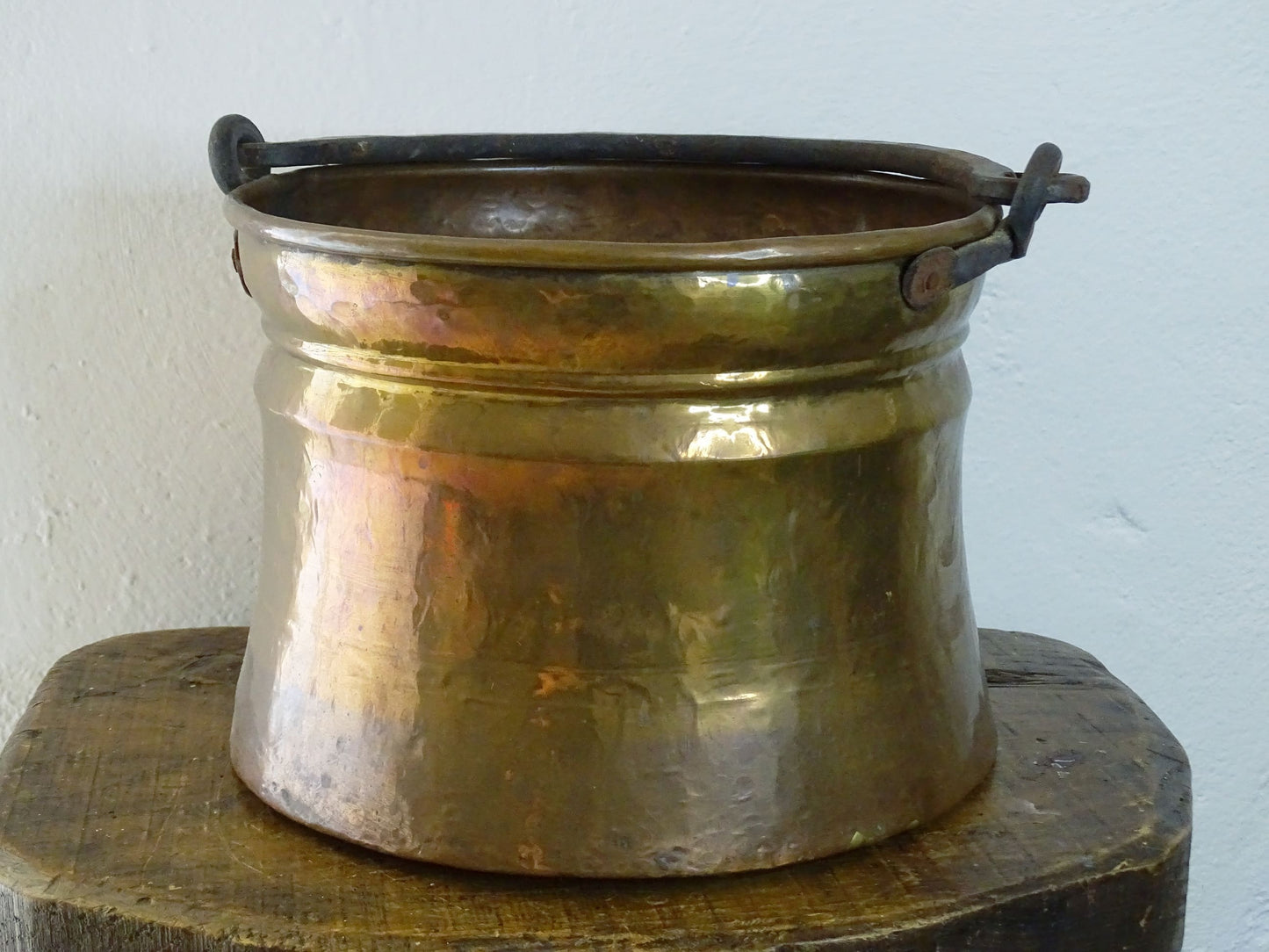 French antique brass cauldron with wrought iron handle