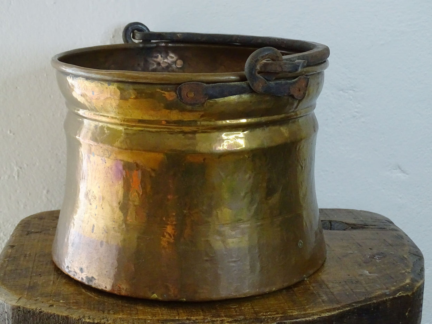 French antique brass cauldron with wrought iron handle