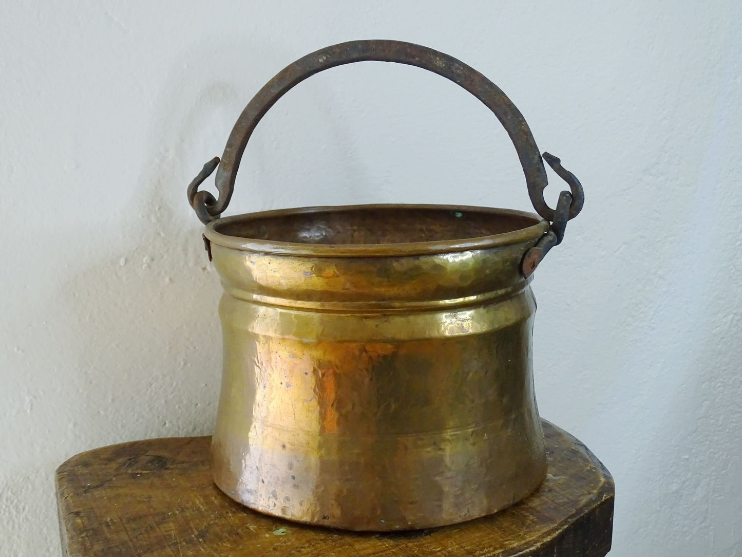 French antique brass cauldron with wrought iron handle