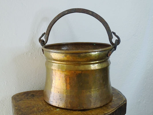 French antique brass cauldron with wrought iron handle