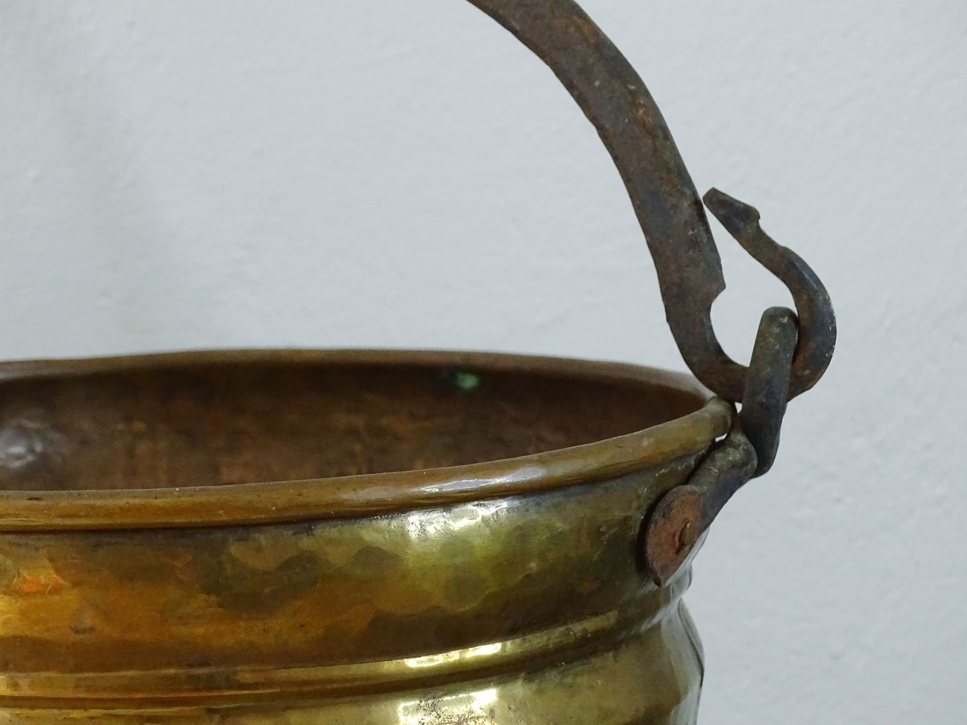 French antique brass cauldron with wrought iron handle