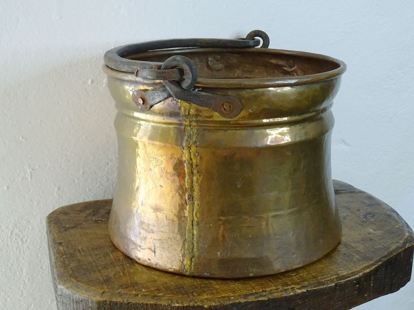 French antique brass cauldron with wrought iron handle