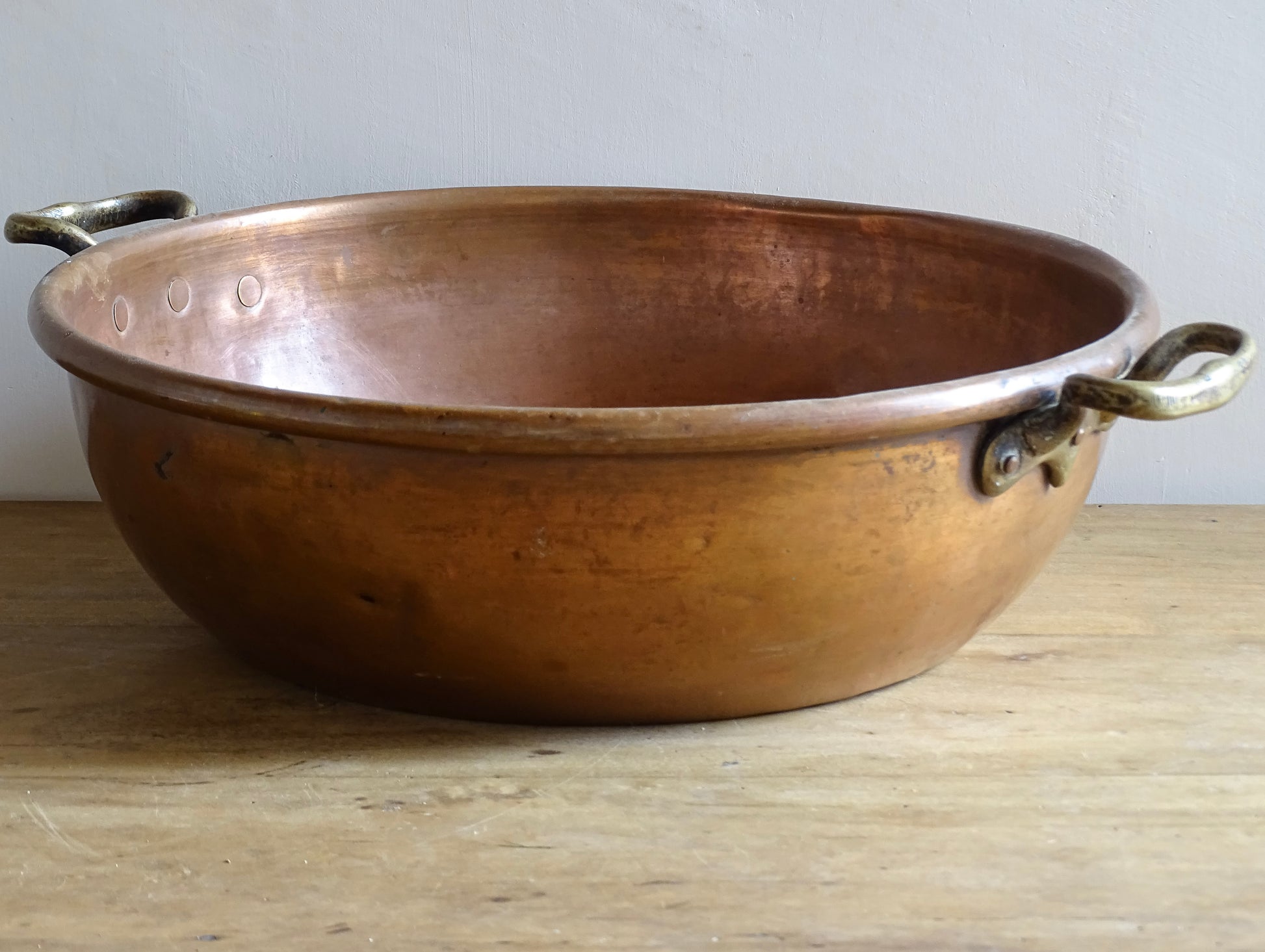 Large Antique Copper Confiture Pan with Brass Handles