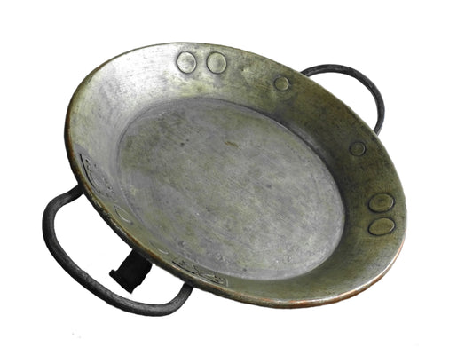 French antique copper pan with wrought iron feet and handles. Antique tinned copper pan for French farmhouse kitchen.