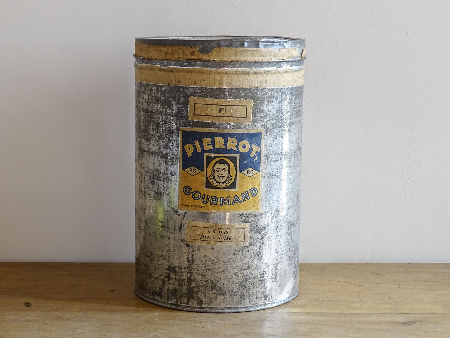 Vintage French Shop Display Pierrot Gourmand Tin, Silver Tin