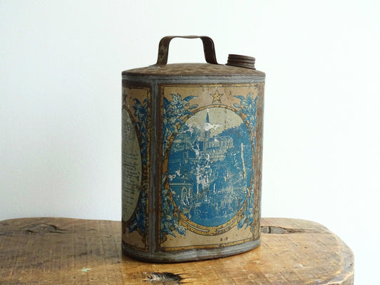 Antique Lourdes Water Flask Souvenir, Blue Pewter Tin