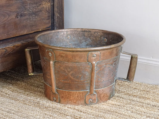 French Antique Copper Ferrat from the Auvergne or Copper Water Carrier with Hammered Copper and Two Handles