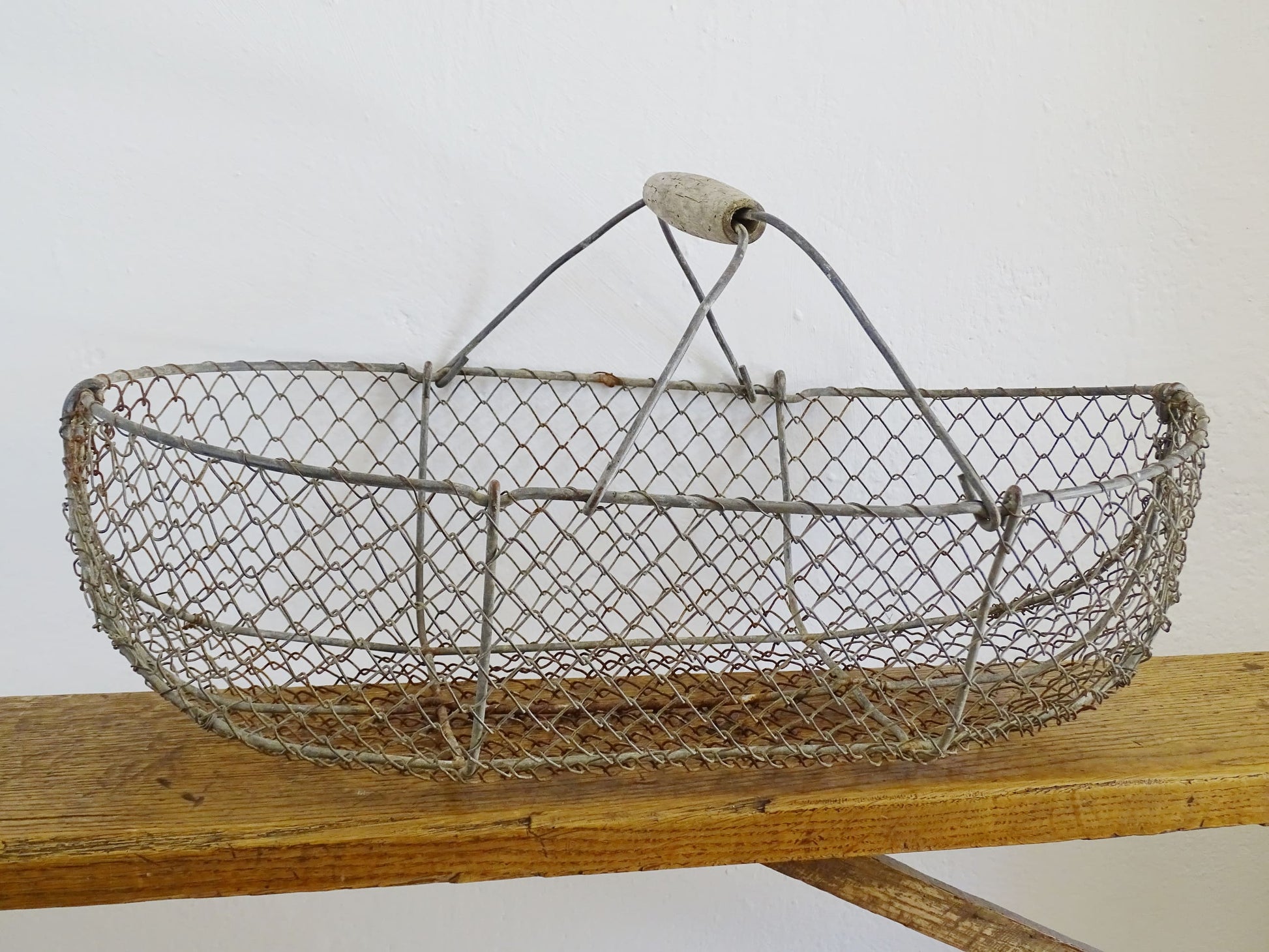 Large French vintage wire harvest basket with wooden handle