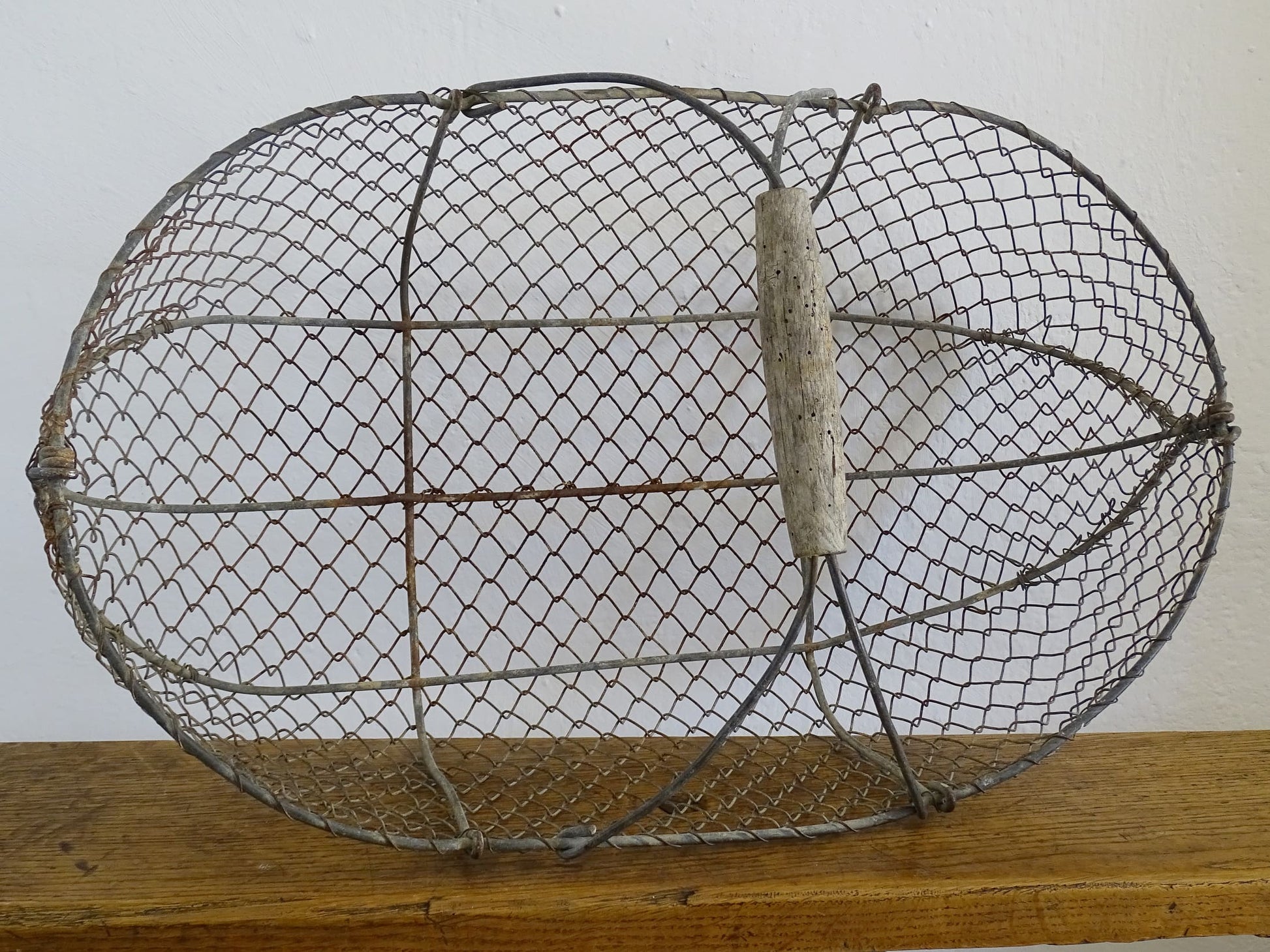 Large French vintage wire harvest basket with wooden handle