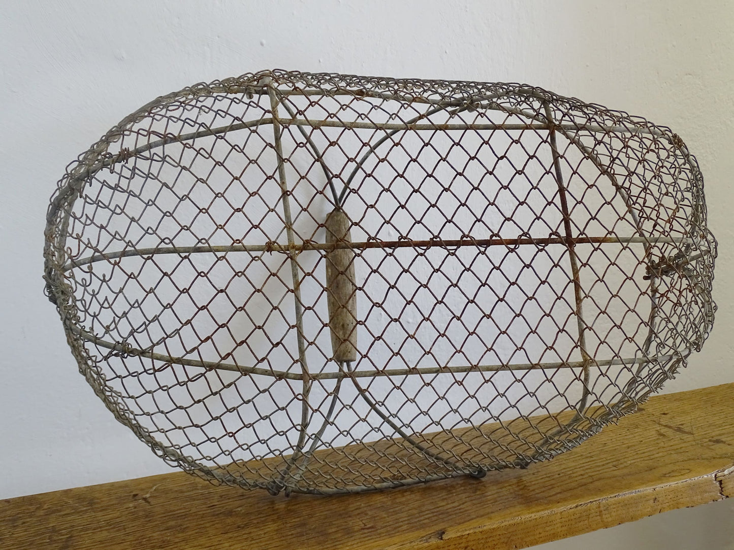 Large French vintage wire harvest basket with wooden handle