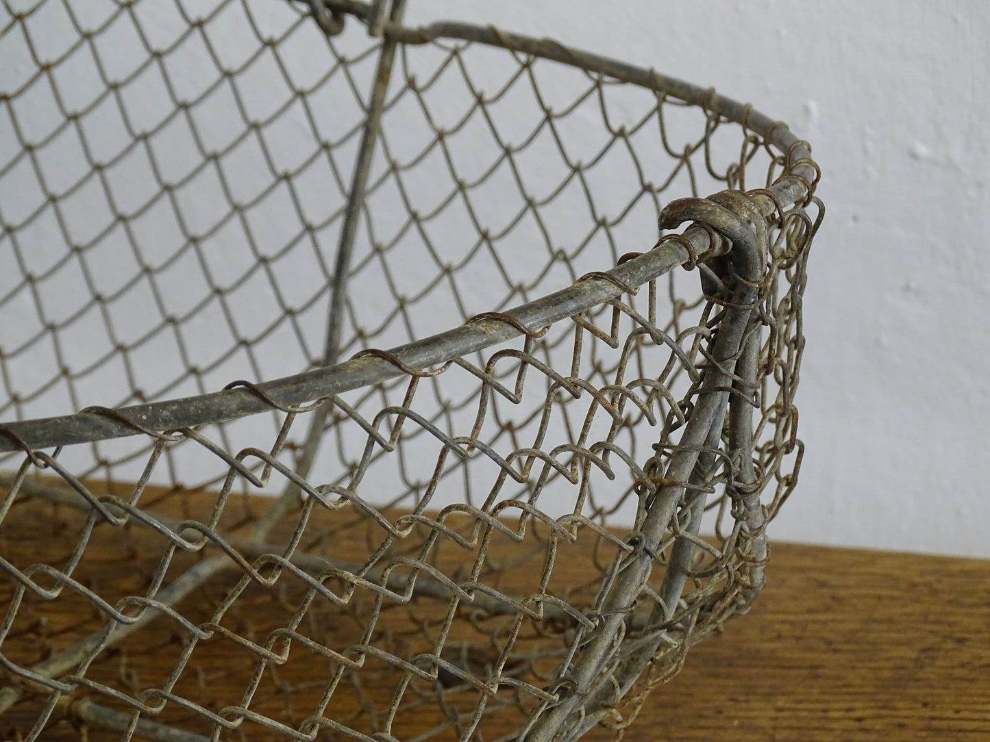 Large French vintage wire harvest basket with wooden handle