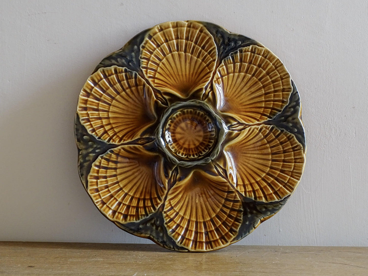 French vintage oyster plate with brown glaze
