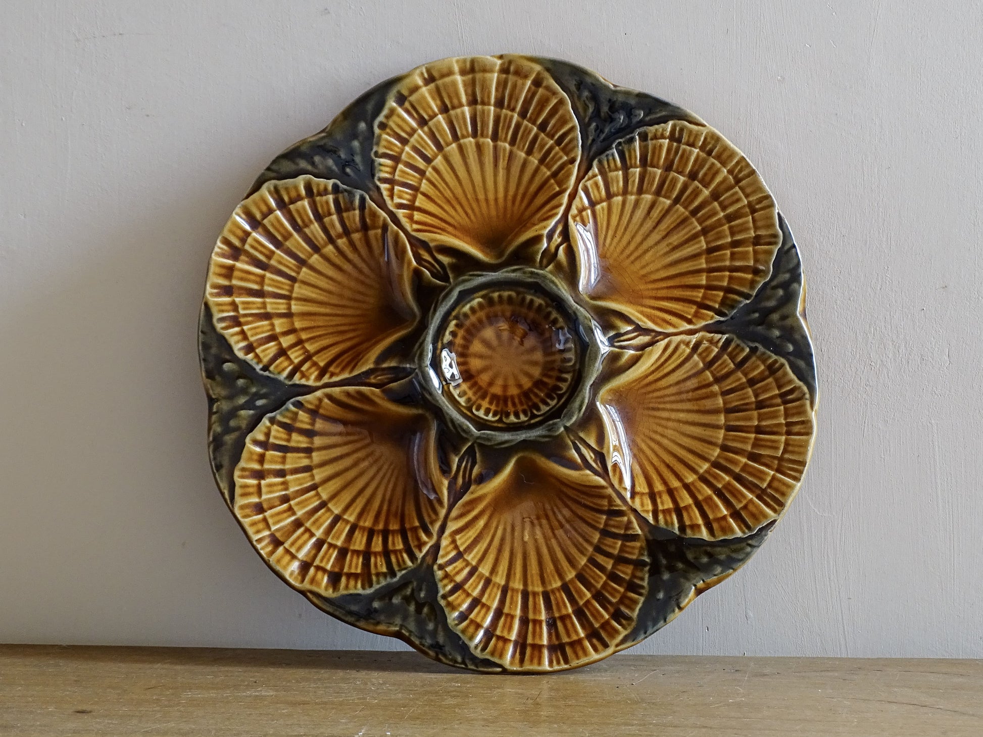 French vintage oyster plate with brown glaze