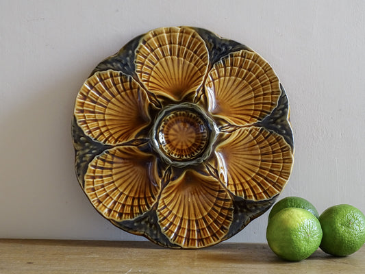 French vintage oyster plate with brown glaze