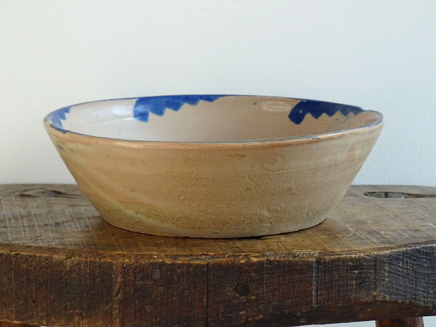 Antique Spanish Fajalauza Glazed Terracotta Lebrillo or Bowl with Blue