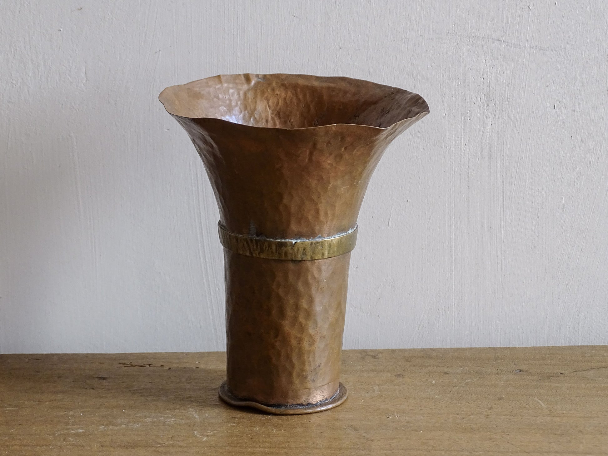 Vintage French Hammered Copper Vase with Brass Band