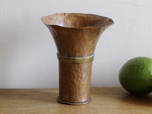 Vintage French Hammered Copper Vase with Brass Band