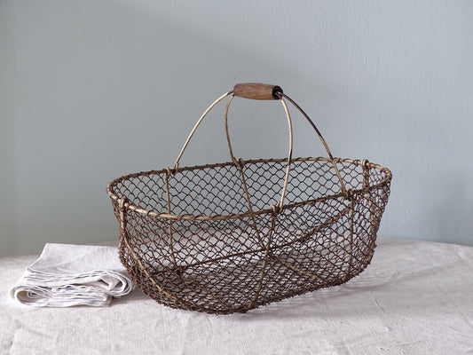 Vintage French antique wire harvest basket with wooden handle