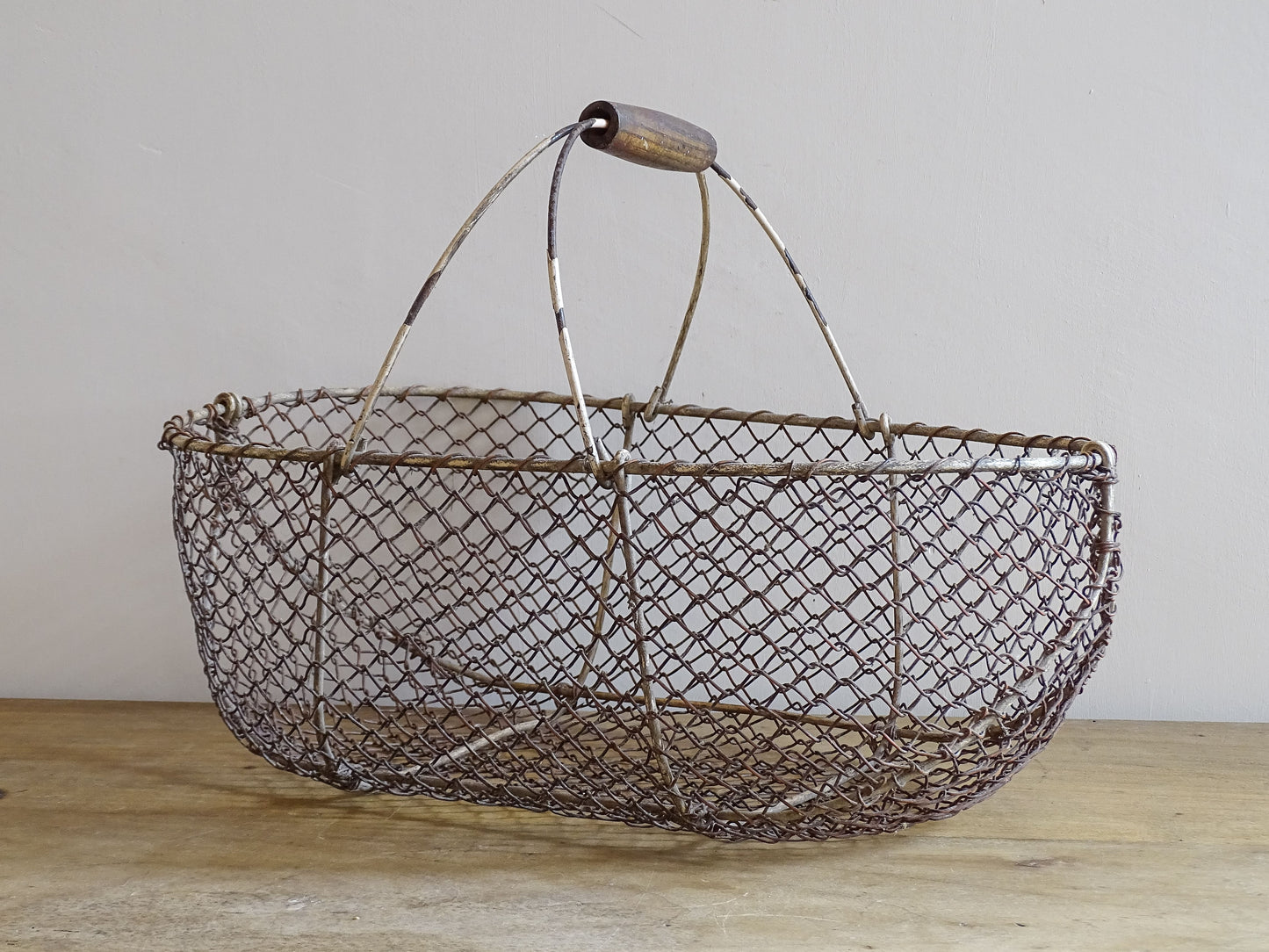 Vintage French Wire Harvest Basket with Wooden Handle