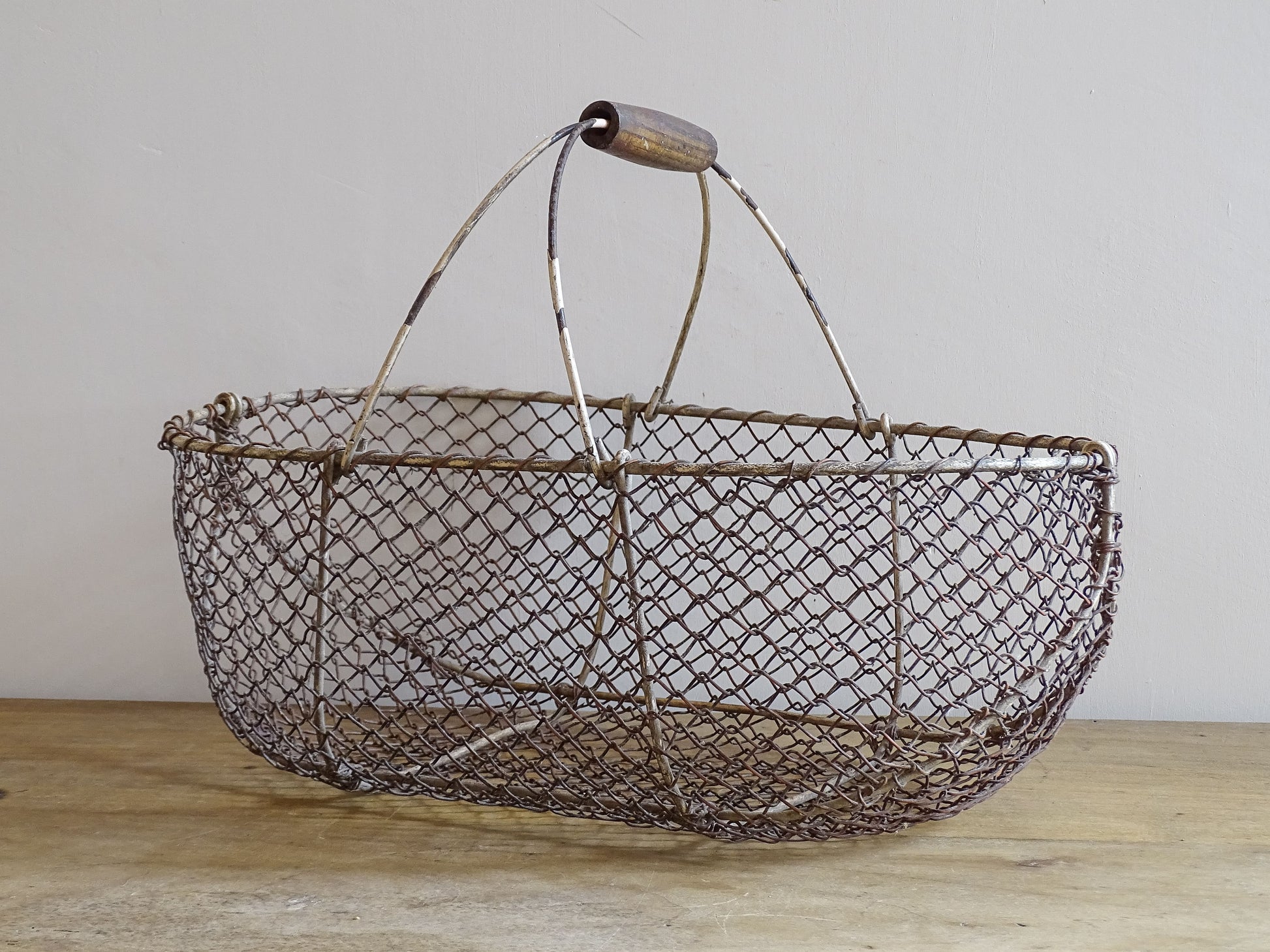 Vintage French Wire Harvest Basket with Wooden Handle