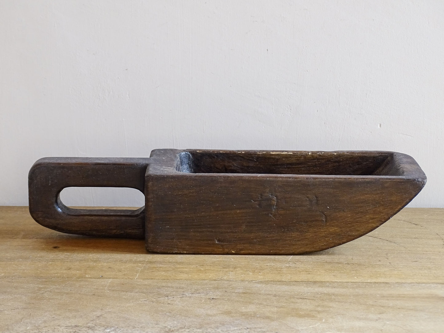 French antique wooden grain scoop with a rich patina, hand-carved grain scoop for rustic French farmhouse decor