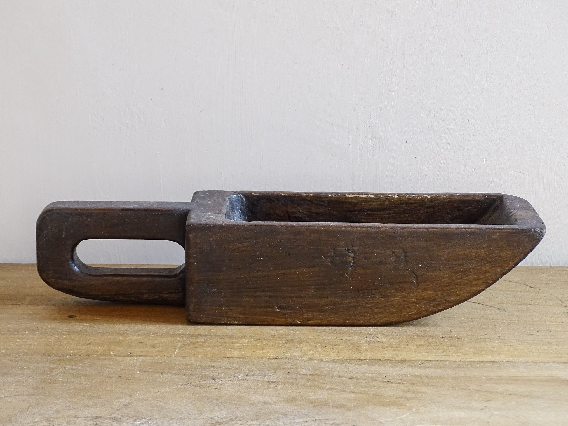 French antique wooden grain scoop with a rich patina, hand-carved grain scoop for rustic French farmhouse decor
