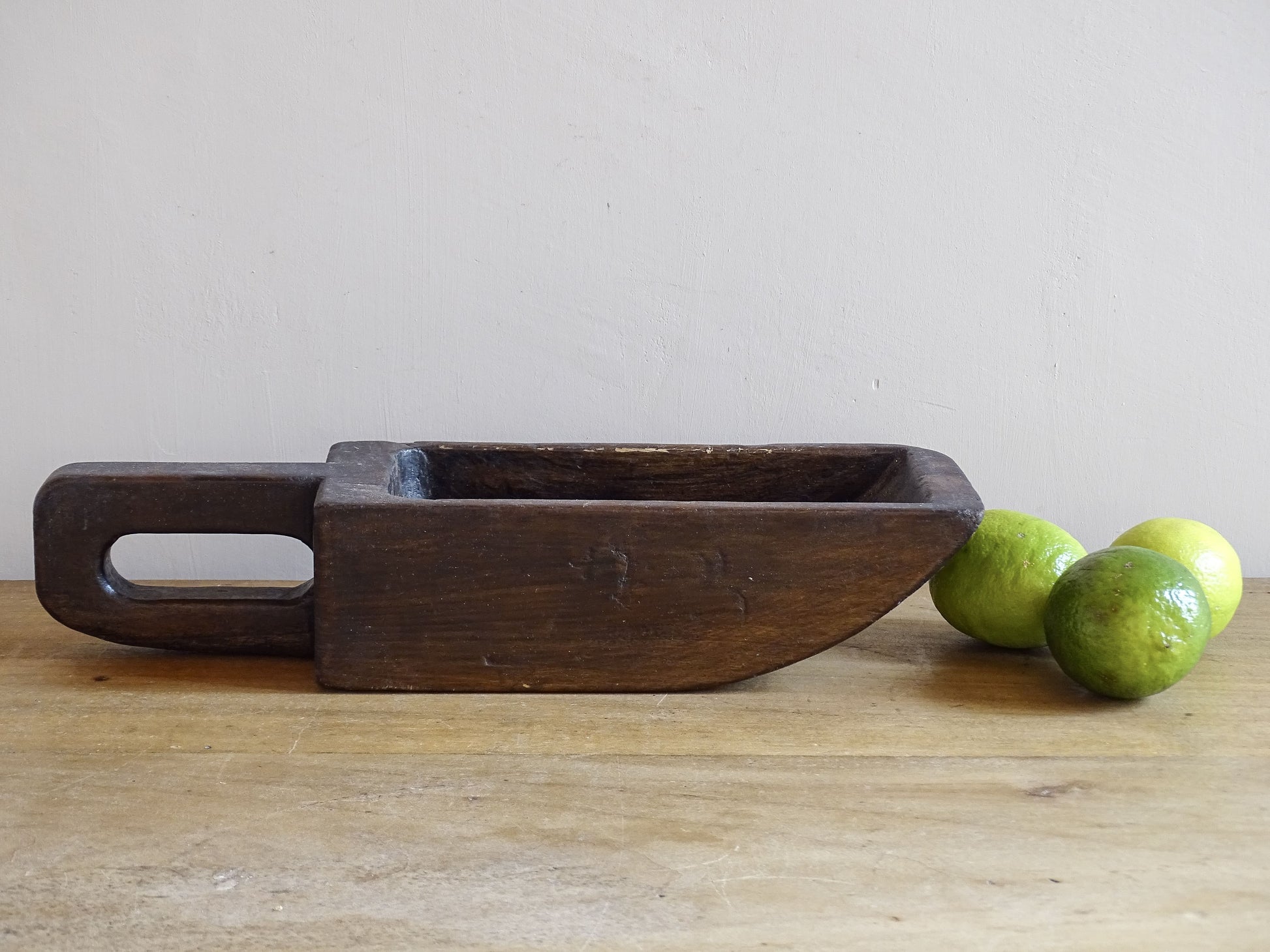 French antique wooden grain scoop with a rich patina, hand-carved grain scoop for rustic French farmhouse decor