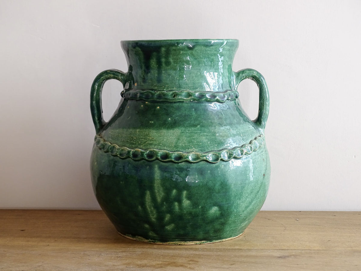 Large Vintage Beauronne Pottery Vase with Green Glaze 10.4