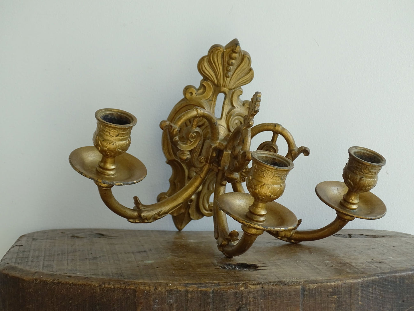 Antique French Wall Sconce in Rococo Style with Place for Three Candles. Antique wall candle holders or gilt sconce.